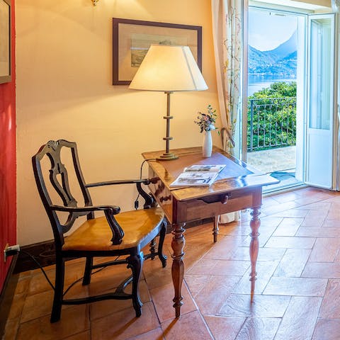 Get some work done at the antique desk in the living area