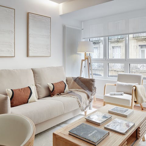 Unwind together in this natural-hued haven