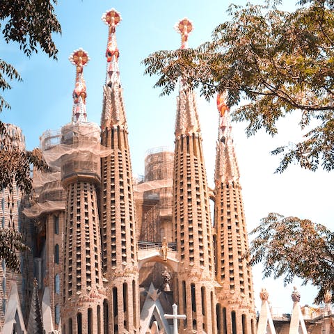 Visit Gaudi's unfinished masterpiece, Sagrada Familia, just a four-minute walk away