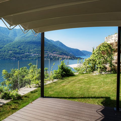 Breathe in on the yoga platform under the pergola
