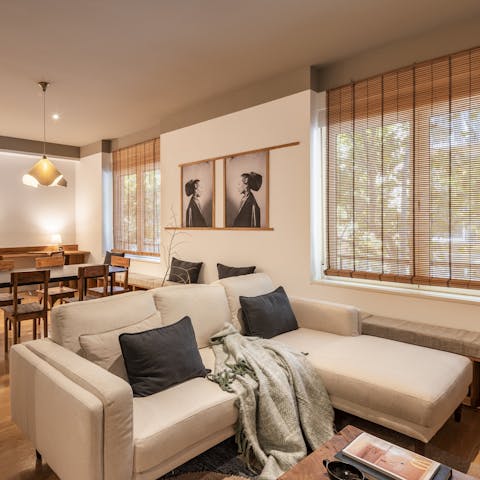Gather for a chilled evening at home in the Japanese-inspired living space