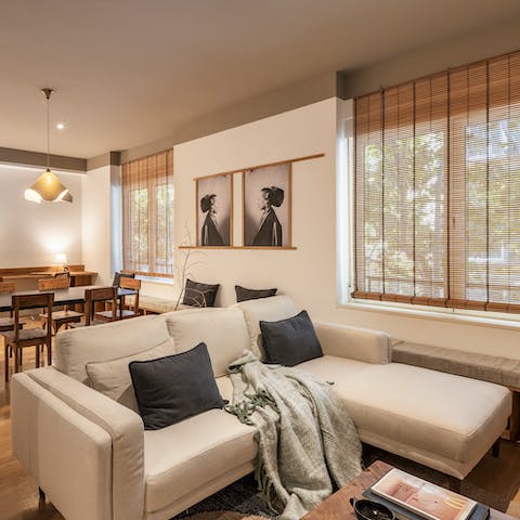 Gather for a chilled evening at home in the Japanese-inspired living space