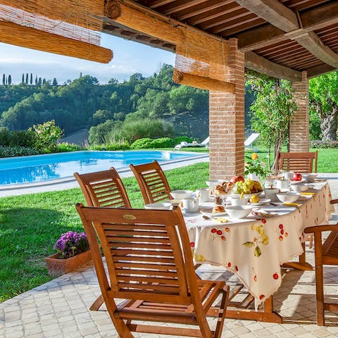 Enjoy an espresso on the shaded terrace by the pool or gather for an alfresco family dinner