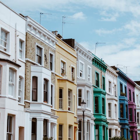 Visit Notting Hill, including Portobello Road Market, a fifteen-minute stroll away