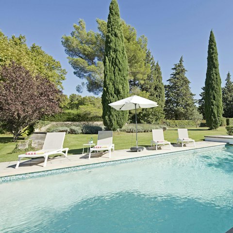 Relax on the poolside in the vast garden