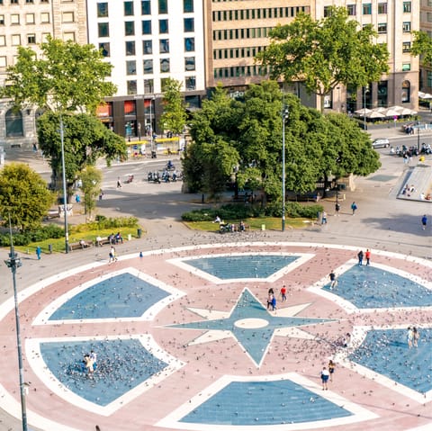 Stroll for just three minutes to reach the bustling Plaça de Catalunya