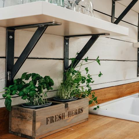 Cook a tasty meal using fresh herbs from the kitchen