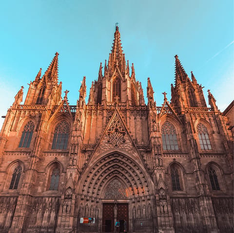 Explore Barcelona's cathedral and the Gothic Quarter, a seventeen-minute stroll from your door