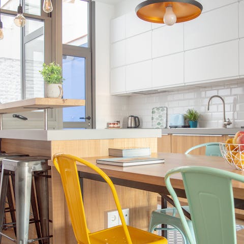 Sit down on the industrial-chic chairs for breakfast