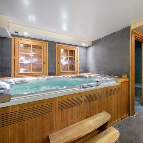 Warm up in the enormous jacuzzi hot tub after a day of skiing