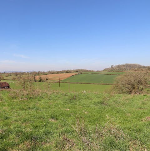 Admire the views from the garden of the Severn Vale, Malvern, and Cotswold Hills