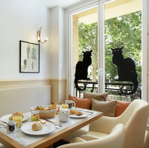 Start the day right with full breakfast service downstairs in the common space