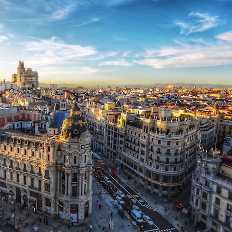 Explore Madrid's iconic sights with the Grand Via a half-hour walk away