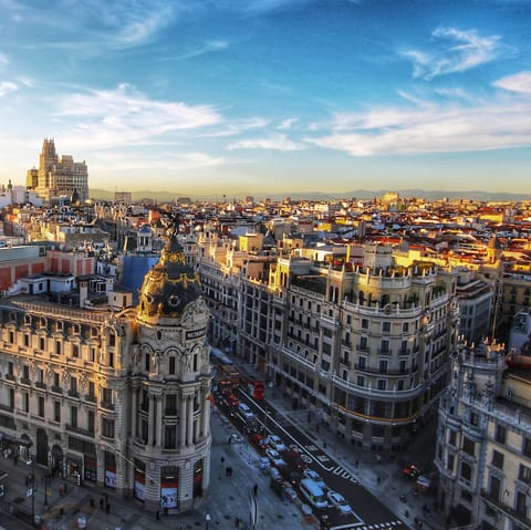 Explore Madrid's iconic sights with the Grand Via a half-hour walk away