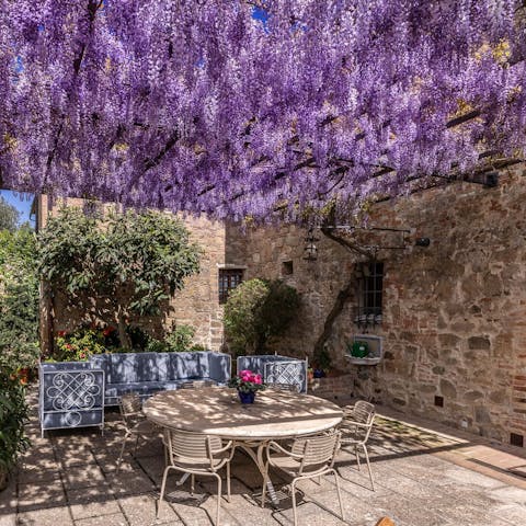 Sit on the sun-dappled terrace to enjoy alfresco dinners