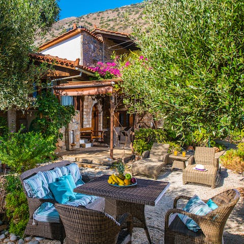 Sip a cold glass of ouzo in the luscious garden