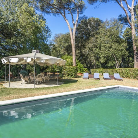 Laze on loungers by the pool before taking the plunge surrounded by gorgeous greenery