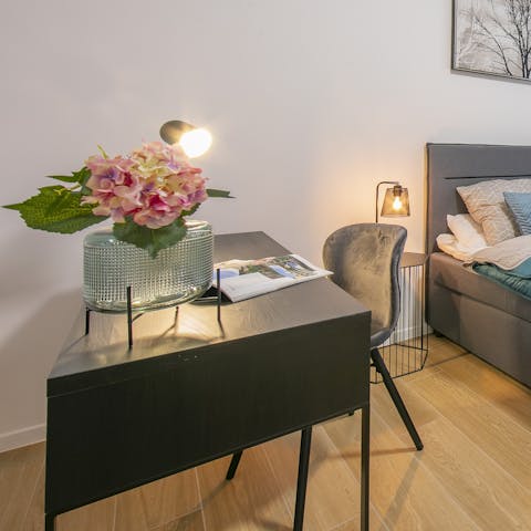 Catch up on work at the peaceful desk space