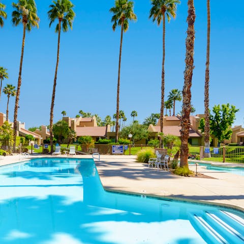 Pass summer afternoons switching between the shared swimming pool and hot tub