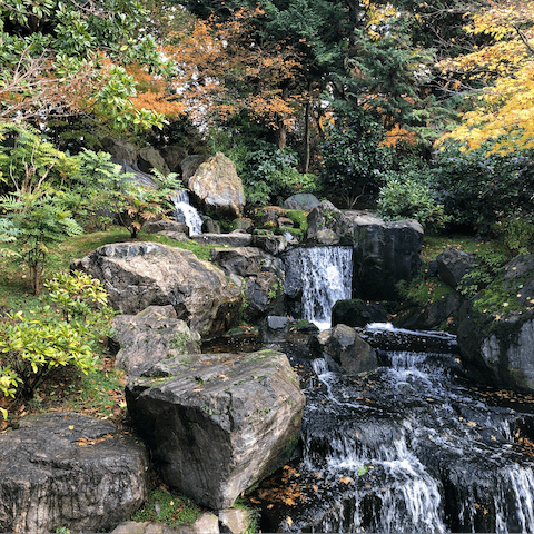 Take your morning constitutional in the well-kempt gardens of Holland Park, five minutes away on foot