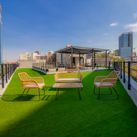 Take in the cityscape from the shared rooftop garden