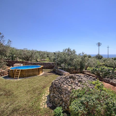Cool off in the above-ground pool and admire the sea views
