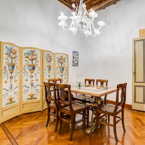 Enjoy dinner in a room adorned with antiques