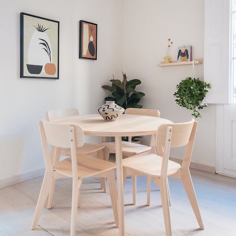 Start mornings with fresh coffee and locally bought pastries at the chic dining table