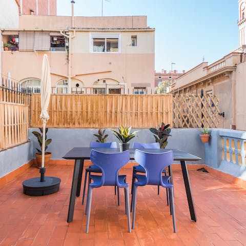 Gather together for alfresco meals and celebratory drinks on the sunny private terrace
