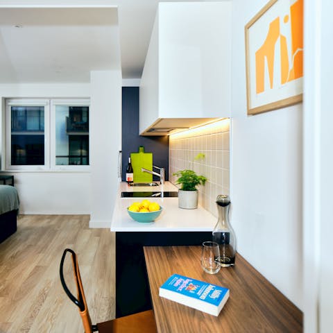 Get some work done at the small desk or head down to the co-working spaces