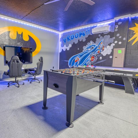 Challenge your family and friends to tournaments in the games room, with foosball, air hockey and video games