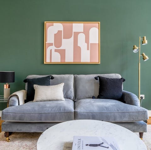 Relax on a soft sofa in the bright, open-plan living space