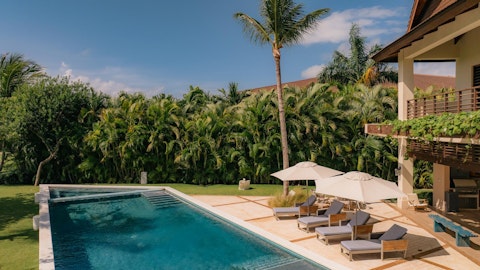 Cool off in the pool surrounded by tropical palms