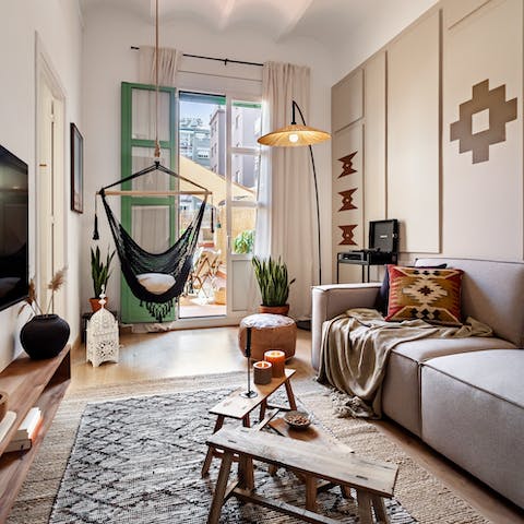 Hang out in the hammock chair with a good book while a record serenades you