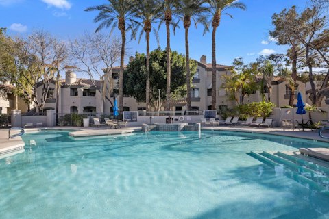 Cool off in the communal pool beneath towering palms