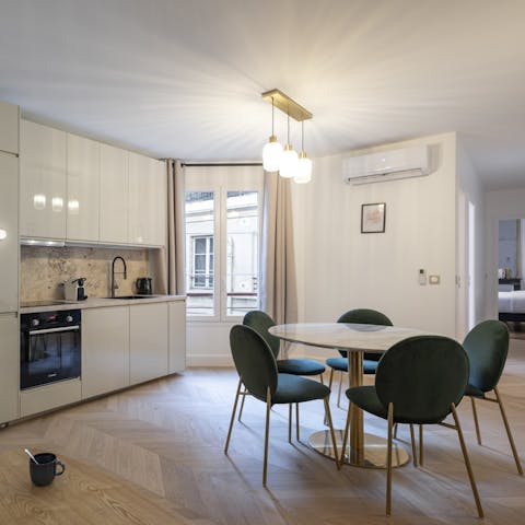 Prepare coffee and croissants in the kitchenette