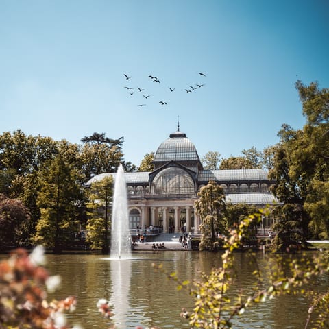 Take a stroll through El Retiro Park, a thirteen-minute walk away