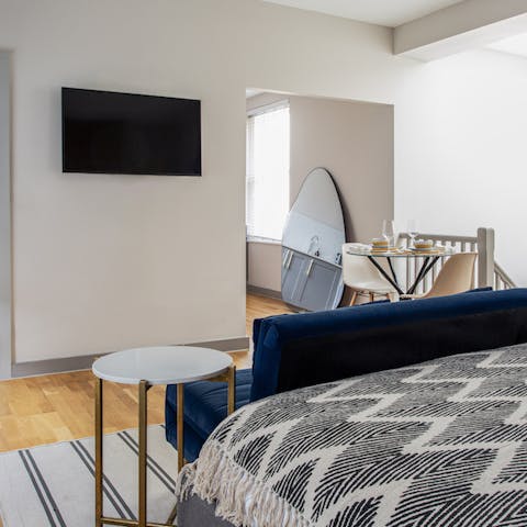 Have a rest on the blue sofa after a busy day in London