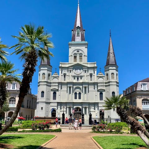 Watch the street performers wow the crowds in front of St. Louis Cathedral, less than a twenty-minute walk away