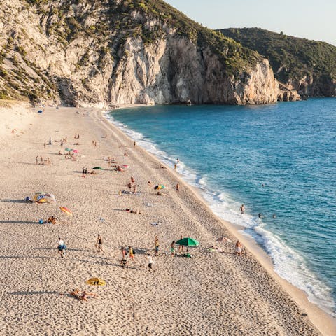 Look forward to relaxing on Tsoukalades Beach, a ten-minute drive away