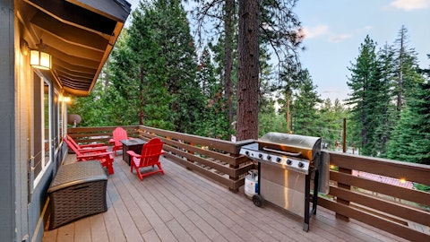 Fire up the barbecue among towering pines at dusk