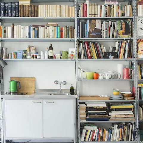 Peruse the many books on the shelves