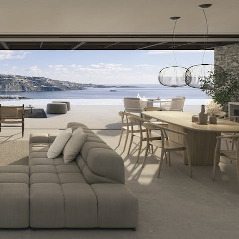 Slide the doors wide open so you can admire the Aegean from almost anywhere inside