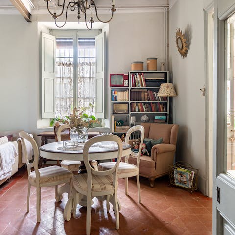 Peruse the collection of books throughout for a quiet moment