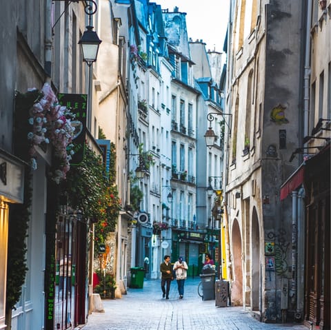 Wander around the charming Marais, a short walk away 