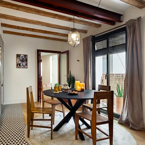Gather together for a homemade tapas meal under the kitchen's beamed ceiling