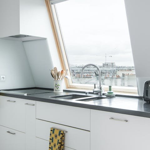 A bright kitchen with open views