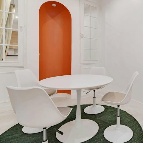 Start the day with croissants and coffee at the art deco dining table