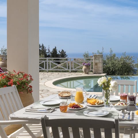 Set up for long lunches on the shaded patio by the pool