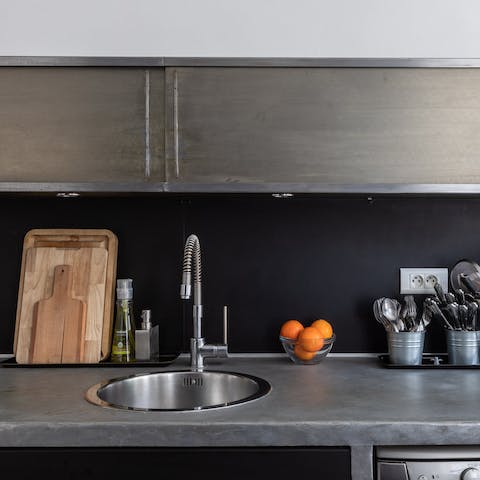 The original steel kitchen counter